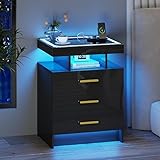 Black Night Stand with Wireless Charging Station,Smart Bedside Table with 3 Drawers,Modern Glass Top End Side Table with 3 Color Dimmable,LED Nightstand for Bedroom