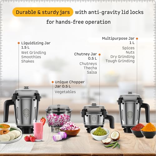 Image of Atomberg Tavi Mixer Grinder |110 V only for US & Canada | Unique Coarse Mode for Silbatta-Like Texture | Intelligent 600W Motor | 4 Jars Including Chopper Jar | Matte Sand Grey