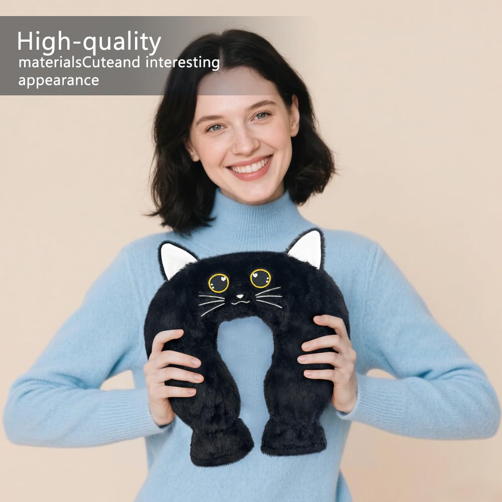 Borsa Acqua Calda, 1L Borsa Acqua Calda Peluche con Coperchio, Adatto per Regali di Natale e Inverno per Bambini, Anziani, Fidanzate(Gatto Nero)