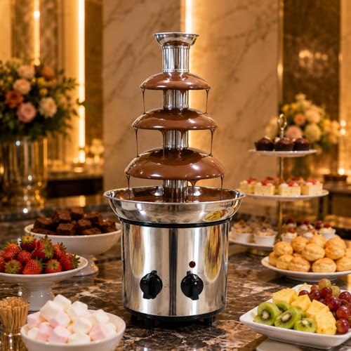 Image of Electric Chocolate Fountain Machine with Stainless Steel Tower | 4-Tier Chocolate Fountain | Motor & Heating Control for Parties, Hotels, Catering & Events (Silver)