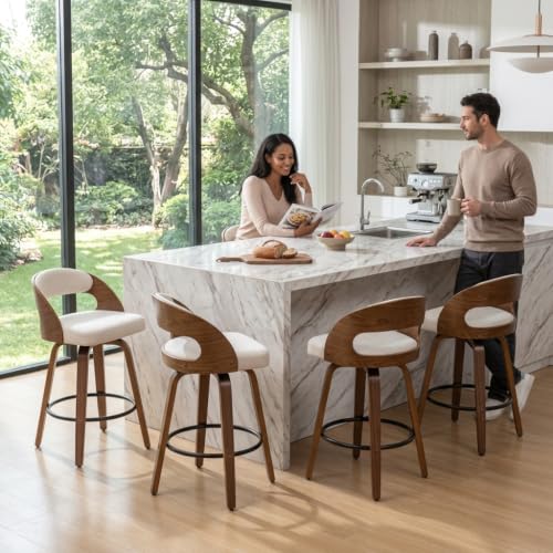 Image of AQG Swivel Bar stools Set of 2 Bar Chairs 30 inch Counter Height Mid-Century Modern Bentwood Barstool Faux Linen Upholstered Bar Chair with Back and Footrest, for Bar, Cafe, Dining, Kitchen Island, Beige