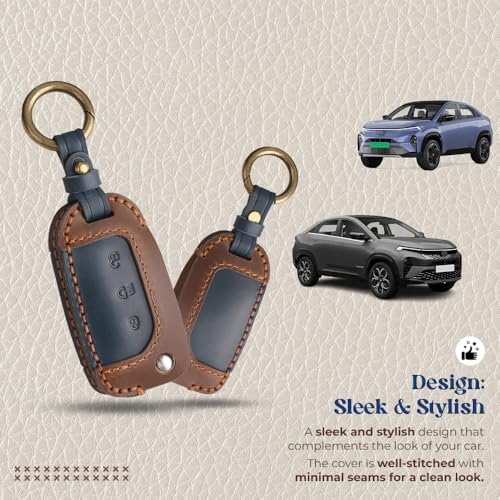 Image of keyzone dual leather key cover for Tata Curvv, Nexon, Harrier, Altroz, Punch, Safari, Tigor, Tiago, Zest, Bolt 3 button flip key