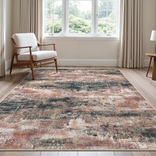 Area Rugs 9x12 for Living Room Bedroom, Modern Abstract Machine Washable Rug, Large Soft Low Pile Floor Cover with Non Slip Backing for Dining Room, Rose Rust