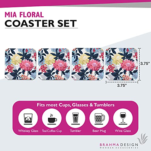 Image of Wooden Coaster Set with Gift Box | Mia Floral Design | Set of 4 Tabletop Square Coasters 3.75 inch x 3.75 inch | Kitchen Table Wooden Decorative Items | for Cups, Mugs, Cans, Glasses