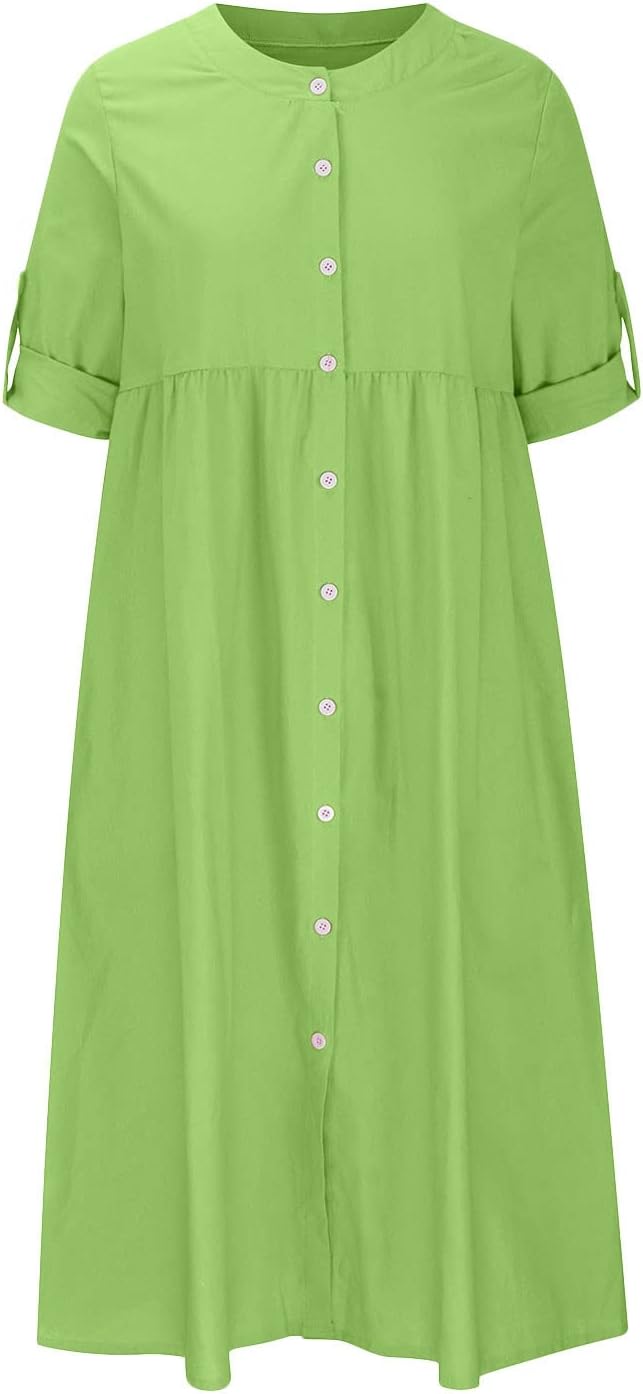 Loose Shirt Dress for Women Button Down 3/4 Sleeve Beach Midi Dresses Casual Trendy Vacation Sundress Resort Wear