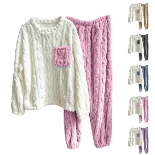 Fleece Pajamas Women Cozy Knit Plush Fuzzy Pajama Set with Contrast Pocket