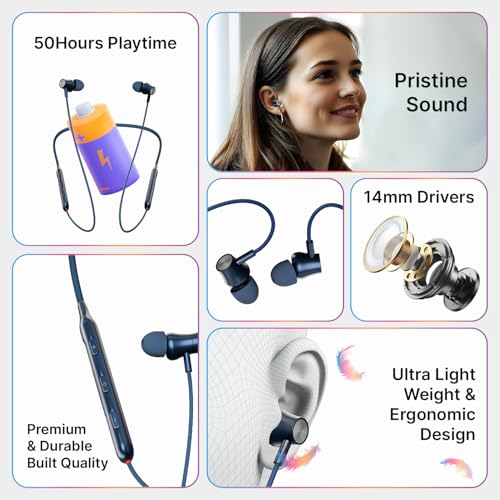 Image of pTron Tangent Evolve w / 50Hrs Playtime, HD Mic, Pristine Sound, 14mm Drivers, Bluetooth V5.3 w /Dual-Device Pairing Wireless Neckband, Magnetic Buds, Voice Assistant, Type-C Charging & IPX4 (Blue)