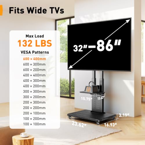 Image of Perlegear Rolling TV Stand for 32 inch-86 inch TVs up to 132 lbs, Outdoor TV Stand with Pegboard Storage & Quiet Wheels, Swivel & Height Adjustable Mobile TV Cart with Wood Shelf, Max VESA 600x400mm, PGTVC34B