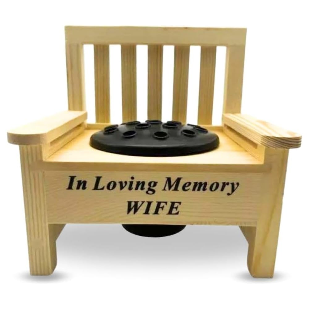 shopior Memorial Wooden Bench with Flower Pot – Graveside Ornament with Black Plastic Insert Pot – Outdoor Cemetery Grave Decoration | Remembrance & Sympathy Tribute Gift (In Loving Memory - Wife)