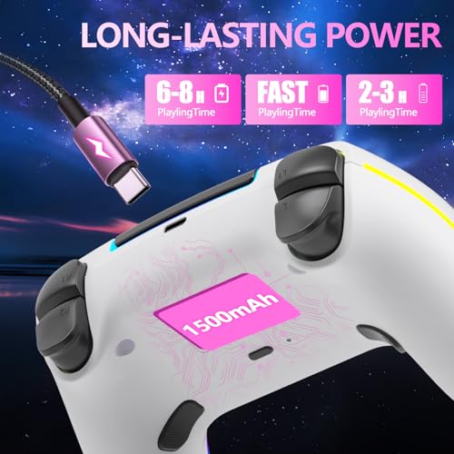 Image of SZDILONG Wireless Controller with 7 Colors RGB Light for PS5 Pro /Slim,MAC,iOS,Steam,PC Windows /Android 10 and Above,Support Hall Sticks /Turbo /Programmable /Dual Vibration, with 3.5mm Audio Jack, White