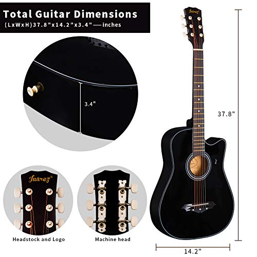 Image of JUAREZ JRZ38CTR /BK 38 Inch Linden Wood Acoustic Guitar with Dual Action Truss Rod, Bag, Picks, Allen Key, Extra String Set, Black
