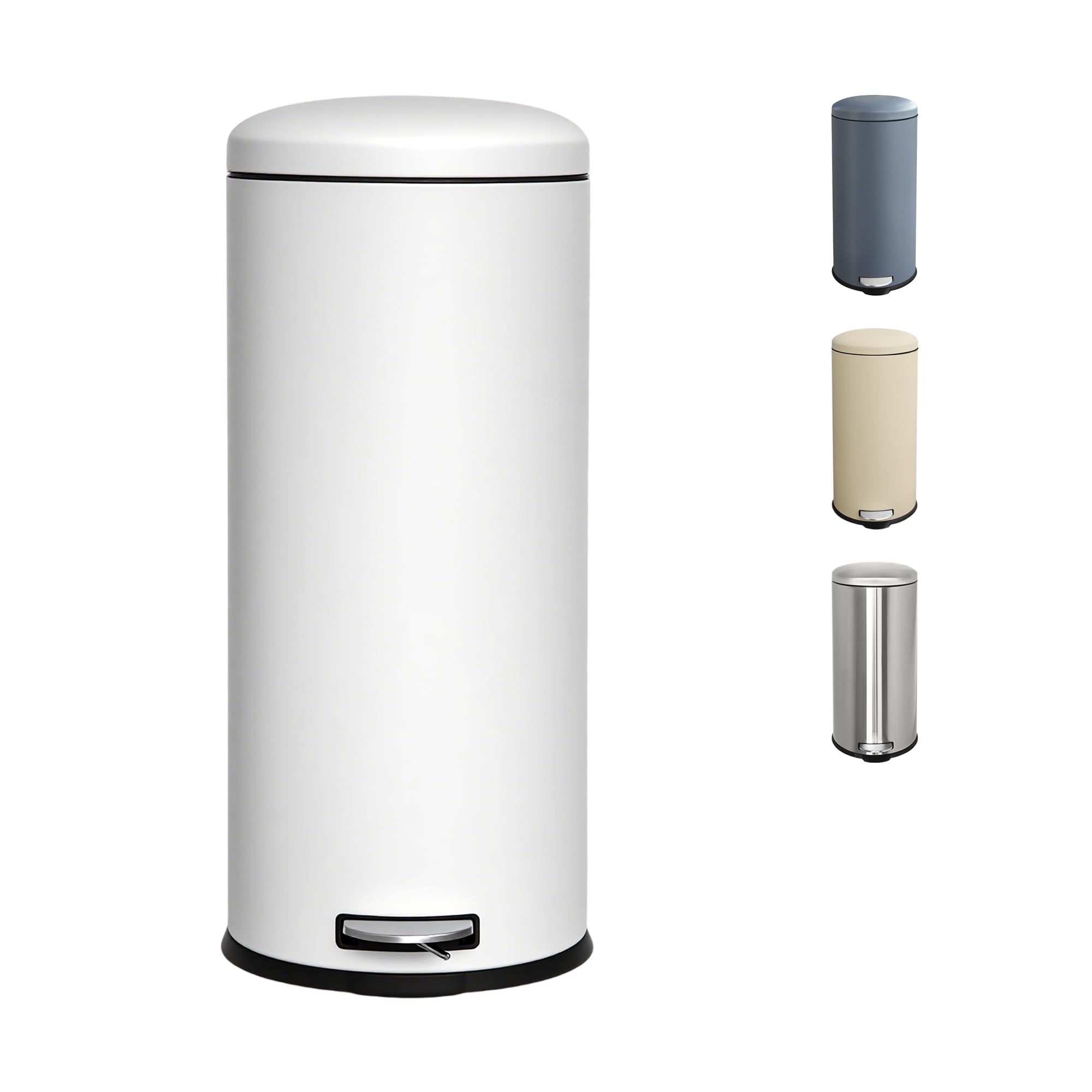 Ullege Kitchen Bin, 30L Stainless Steel Pedal Bin with Soft Close Lid, Round Rubbish Bin with Inner Bucket,Bin for Kitchen, Living Room and Office (White, 30L)