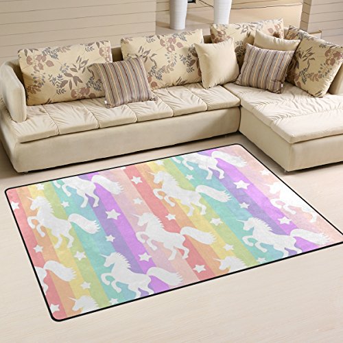 WellLee Area Rug,Cute Unicorns Silhouette On Rainbow Striped Pattern Floor Rug Non-Slip Doormat for Living Dining Dorm Room Bedroom Decor 31x20 Inch