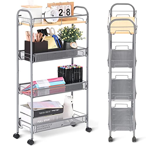 kingrack 4-Tier Slim Rolling Cart with Wooden Tabletop, Easy Assemble Mobile Storage Trolley On Wheels,Slide Out Utility Cart Shelving Units for Narrow Space on Kitchen Bathroom Laundry Room,Grey