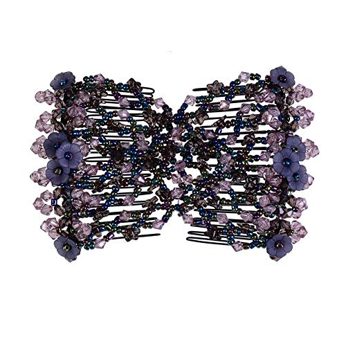Ruihfas Vintage Beaded Crystal Flower Easy Stretchy Double Clips Hair Comb Hair Accessories (Gray)
