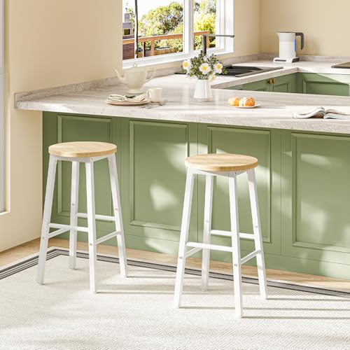 Miniatura 2 de Hoobro Juego De 2 Taburetes Altos De Bar, Sillas De Cocina Y Comedor, Con 2 Reposapiés De Distinta Altura, Pies Ajustables, Blanco Y Natura Ewn07by01g1