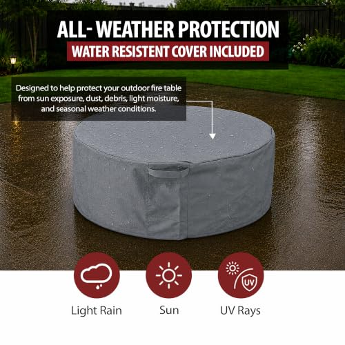 Image of AMS Round Concrete GFRC Propane Gas Fire Pit Table (Dark Gray) | 65000 BTU Patio Table with Tank Storage, Gas Hose, Repair Kit, Water Resistant Canvas Cover & Electronic Ignition