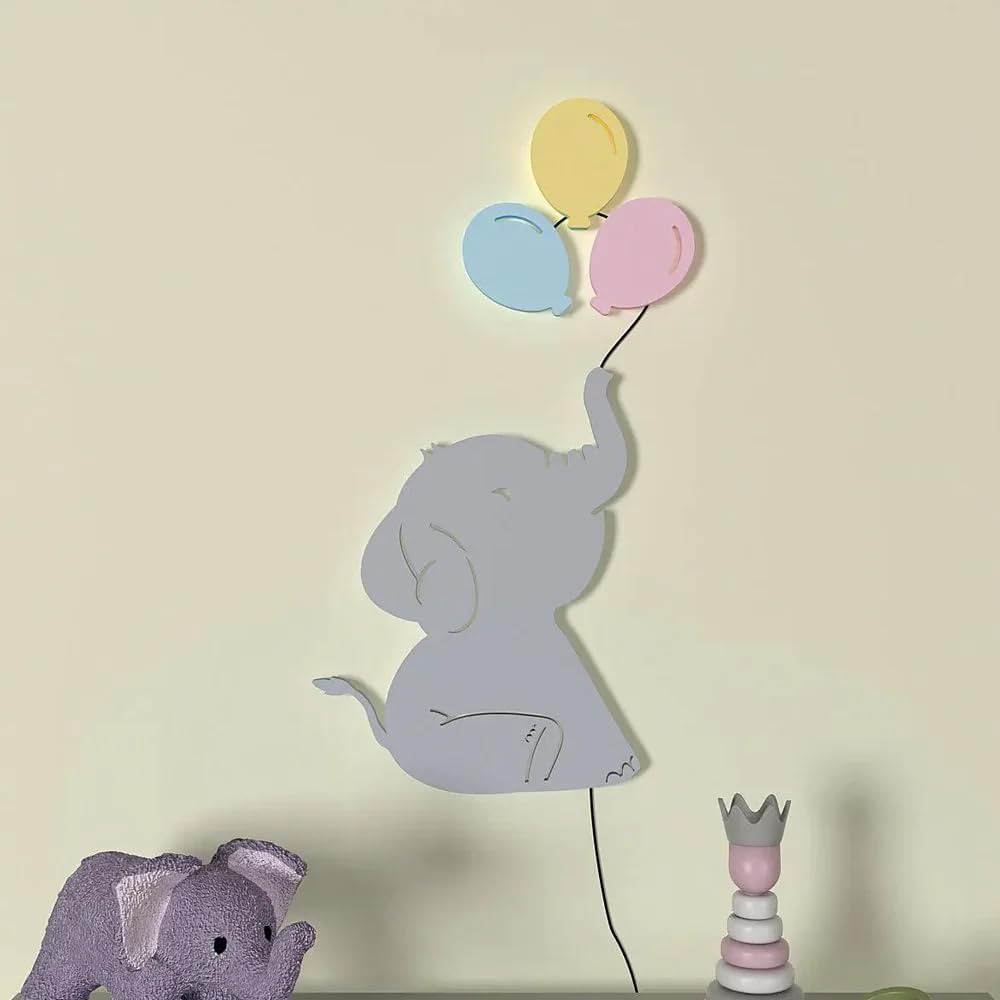 DEKORSTATION Baby Elephant Playing with Balloon Wooden Decorative Backlit for Kids Room Décor 1