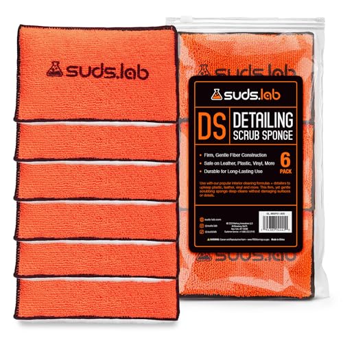 Image of Suds Lab DS Detailing Scrub Sponge - Microfiber Scrub Pad for Car Detailing, Two Textures for Polishing & Scrubbing, Durable & Absorbent, Multi-Surface Use, Washable & Reusable - 6 Pack, Orange