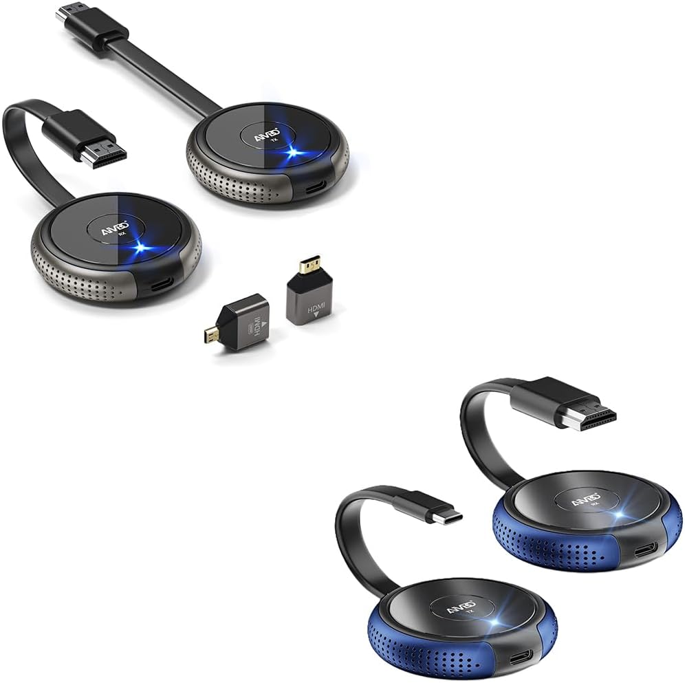 AIMIBO Wireless HDMI+USB C Transmitter and Receiver kit 2 Pack, 2.4/5G HDMI Wireless Extender, 165FT/50M Long Range for Laptop, PC, i-Pad, i-Phone 15, Camera to Monitor, Projector, HDTV - Gray+Blue