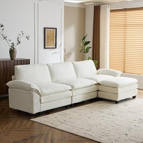 MELLCOM Convertible Sectional Sofa Couch with Ottoman, Cloud Couch 3 Seat L Shaped Sofa with Padded Armrests, Cloud Sofa for Living Room, Apartment and Office, Beige Cover