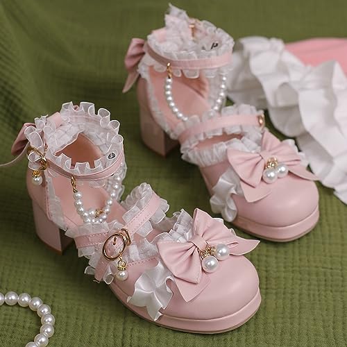 LUXMAX Women Lolita Kawaii Shoes Chunky Heel Mary Janes Ankle Strap Lace Pumps Bow Cute Block Heel Rockabilly Shoes3