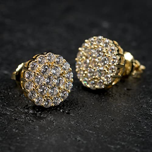Mens Women Large Trendy Circle 14k Yellow Gold Plated 925 Sterling Silver Hip Hop Round Shape Iced 5A CZ Flower Cluster Screw Back Earrings Jewelry Gifts For Men Women3