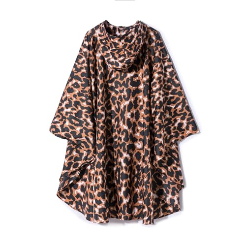 Krespuka Regenponcho für Damen, wasserdicht, mit Kapuze, Reißverschluss, Outdoor, Wandern, Radfahren, Leopardenmuster, Einheitsgröße