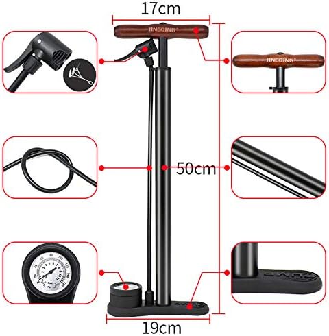 Traditional Steel MTB Road Bike Track Pump,Floor Stirrup Pump Wooden Handle with Digital Gauge High Pressure160 PSI Schrader/Presta