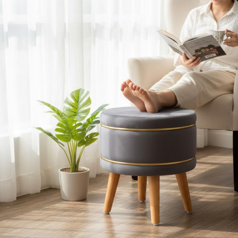 Image of Ottoman Stool for Living Room Foot Rest | Velvet Small Ottoman Foot Stool | Solid Wood Legs | Footstool Puffy for Home, Bedroom & Makeup Table | 16x16x18 Inch, Set of 2 (Grey)