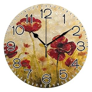 Poppy flowerswall clock battery operated non ticking silent quartz analog rustic farmhouse round clock retro decor for home kitchen living room bathroom  urban country home decor