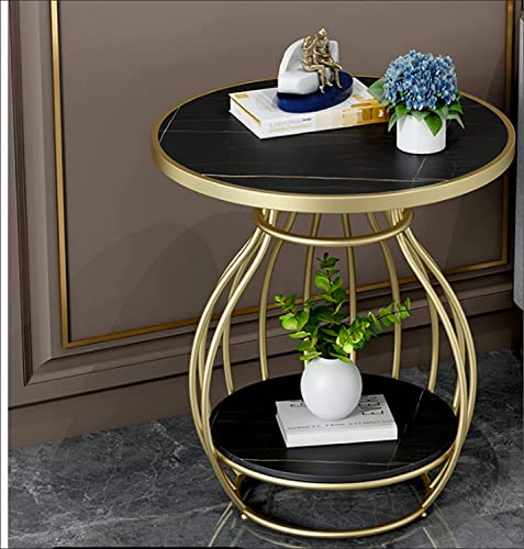 Image of Al Hama 2 Tier Coffee Table Minimalist Nordic Style White Elegant Sturdy Gold Metal Frame Corner Bedroom Bedside Table-Black- Gold