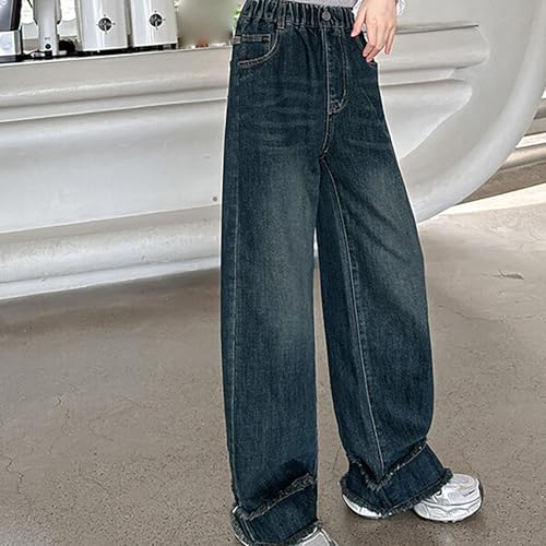 Teen Girls Baggy Straight Jeans Elastic High Waist Wide Leg Tassel Trim Denim Pants Kids Girls Stylish Stretchy Trousers4