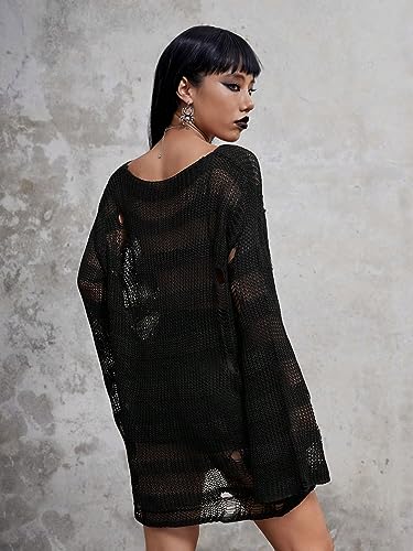 Verdusa Women's See Through Round Neck Drop Shoulder Sweater Long Flare Sleeve Knit Top2