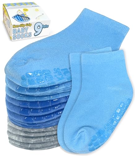 Image of Baby Mid-Crew Socks with Grips (9 Pairs) for 0-7 Years Old Toddler Boy Girl Kids