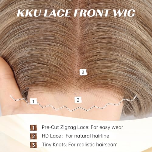 Image of KKU 16 Inch Light Brown Mixed Blonde Human Hair Wigs for Women,5x5 Lace Front Wigs Human Hair,wigs for women
