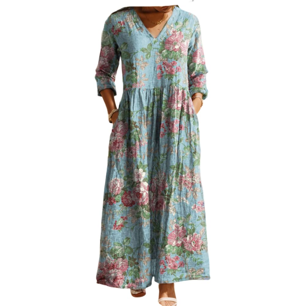 Womens Fall Casual 3/4 Sleeve Floral Prirted Maxi Dress Plus Size V Neck Flowy Swing Tunic Shift Dresses with 2 Pockets