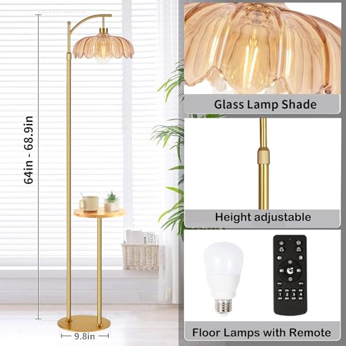 Image of QIYIZM Gold Floor Lamp with Table and Shelves for Living Room Bedroom,Glass Standing Lamp with Remote Dimmable,Boho Brass Tall Lamp Vintage Farmhouse Arc Flower Floor Light Bohemian