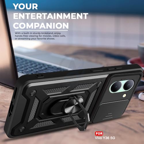 Image of AESTMO Tough Armor Vivo Y36 Bumper Back Case Cover | Ring Holder & Sliding Camera Shield Cover | 360 Degree Protection Back Case Cover for Vivo Y36 (Black)