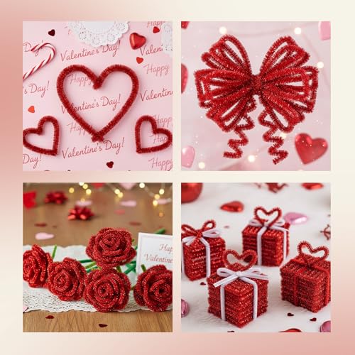 Image of Caydo 200 Pieces Glitter Red Pipe Cleaners | Thick Fluffy Chenille Stems, Pipe Cleaner Crafts for Arts & Crafts, Perfect for Making Animals, Flowers, and Home Dec