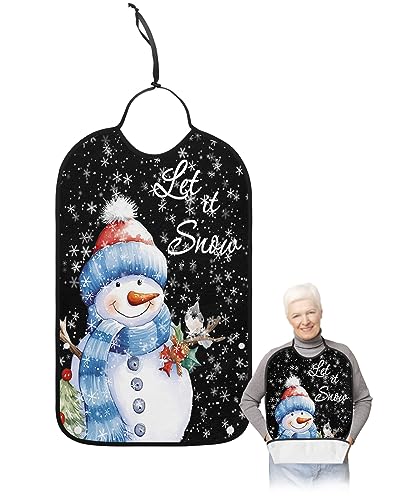 Christmas Snowman Adult Bibs for Eating, Waterproof Bibs with Food Catcher & Adjustable Snap Closure, Xmas Birds Winter Snowflake Classic Black Clothing Protectors Adult Bibs for Elderly Women/Men