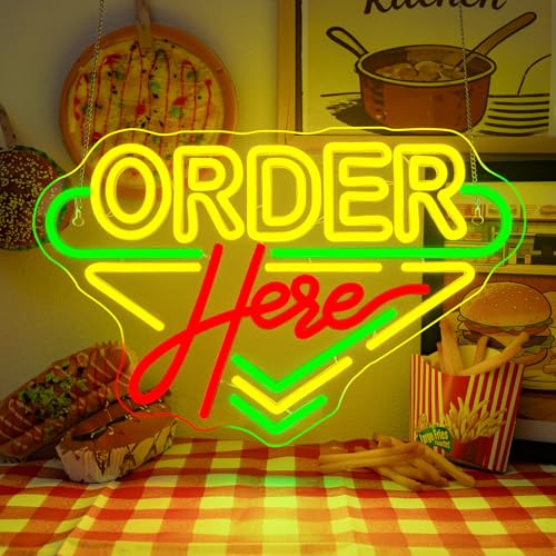 Image of Order Here Neon Sign Coffee Store Colorful Wall Light for Restaurant Decor | 16.1IN*10.6IN,Five level brightness adjustment,USB powered,For Coffee Kitchen Corner Club Window Decor,Party Gifts
