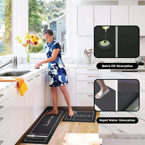 Image of HomeCloud Rubber Kitchen Mats for Floor Set of 2 Pcs|Non-Skid, Soft Absorbent Rugs for Laundry, and Hallway|120x40cm, 40x60cm| 4mm Thickness (Black, Rectangular)
