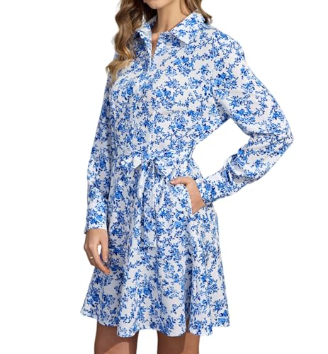 Image of Women's Long Sleeve Button Up Midi Belt Shift Collar Dress with Pockets for Work Office Business