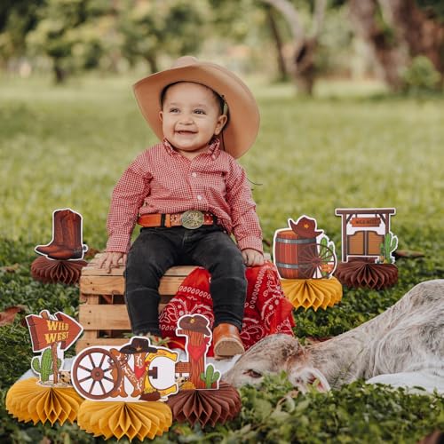 Image of 9pcs Western Cowboy Honeycomb Centerpieces for Wild West First Birthday Party Decorations 1st Rodeo Cowboy Boot Table Centerpieces for Baby Shower One Birthday Celebration Tabletop Sign Decors