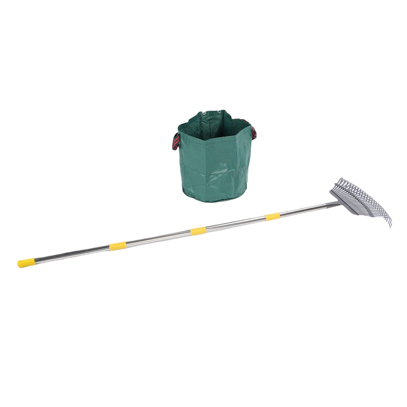 Rastrillo de jardín de hojas de metal, extraíble y ajustable, rastrillo de hojas resistente con bolsa reutilizable para patio exterior