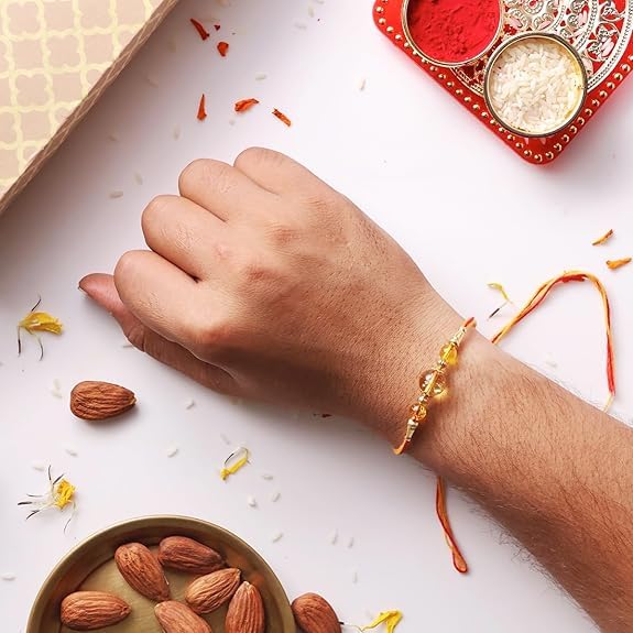 Image of Shubhanjali Crystal Beads Rakhi for Brother | Handmade Healing Crystal Stone Designer Rakhi for Bhaiya | Raksha Bandhan Gift Set with Roli Chawal, Kumkum, Greeting Card & Potli