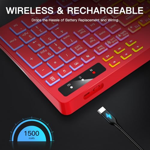 Image of Soueto Wireless Keyboard with 7-Color RGB Backlit, Full-Size Computer Keyboard with Phone Tablet Holder, 2.4G Rechargeable Gaming Keyboard with Light Up Keys, Compatible with Mac, Windows (Red)