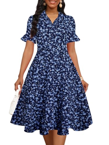 Image of Mokayee Womens Summer Ruffle Sleeve Collared V Neck Fit and Flare Elegant A line Swing Dresses with Pockets