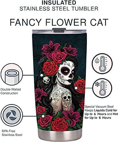 Qdkva 20Oz Skull Tumbler -Stainless Steel Travel Coffee Mug (Red Rose Skeleton) #TOP2